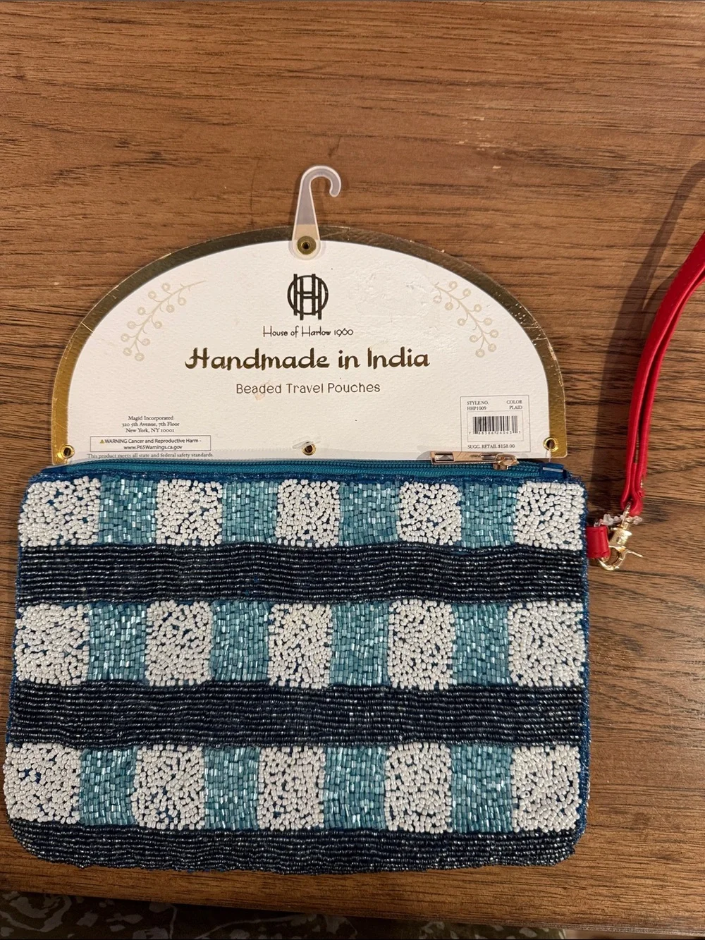 House of Harlow 1960 Blue Check Beaded Clutch with Red Lobster Appliqué Wristlet